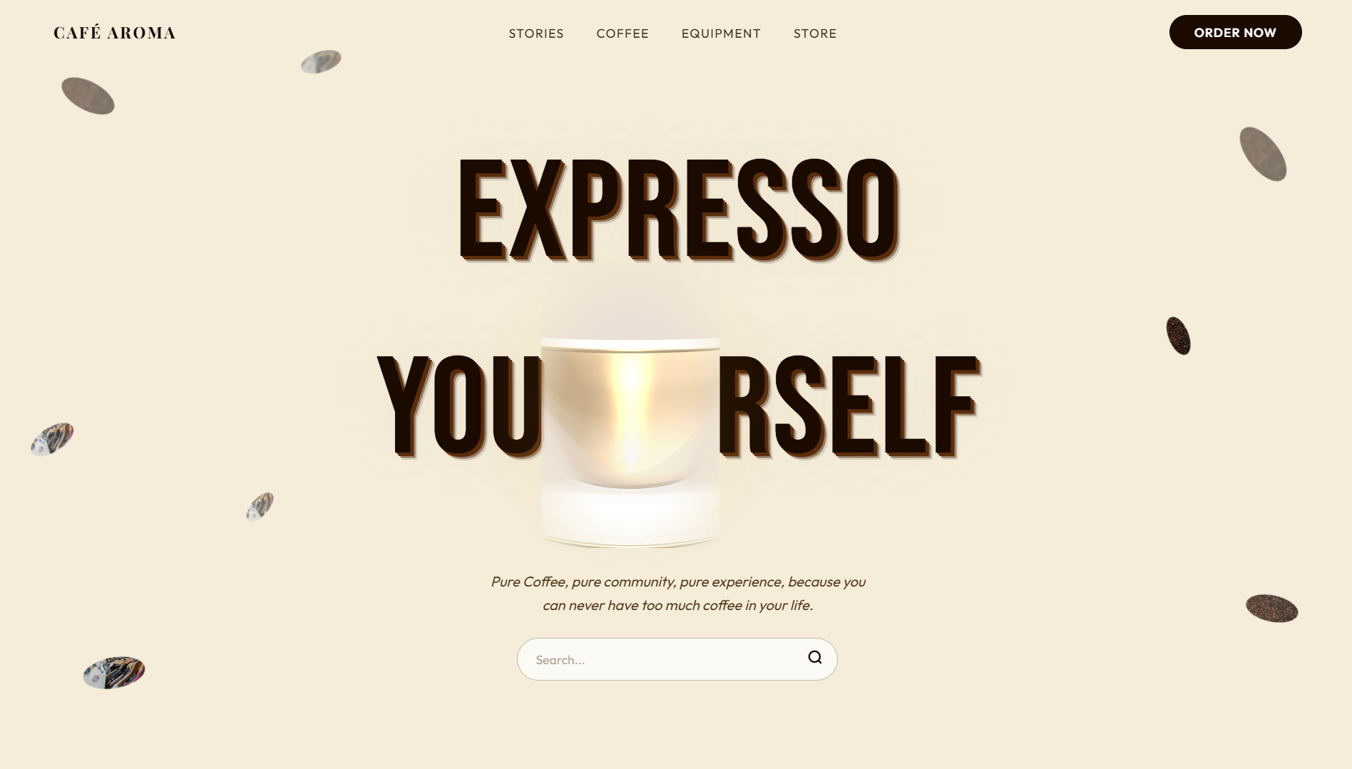 Cafe Aroma ecommerce homepage with coffee storefront search