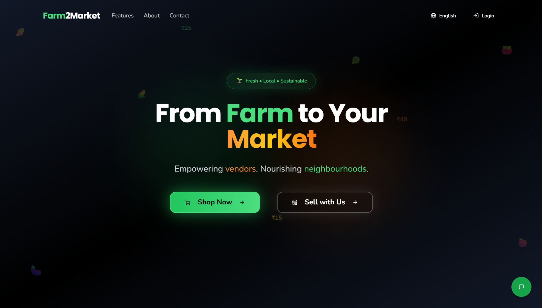 Farm2Market marketplace page with shop and sell actions