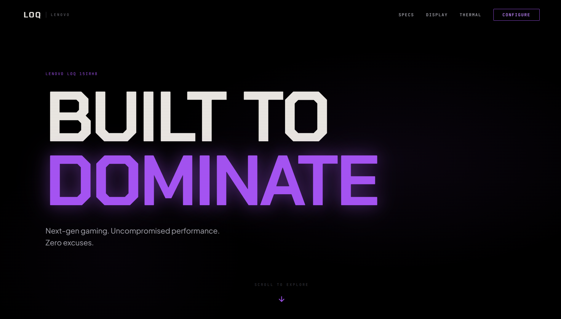 LOQ gaming performance landing page with bold dominate headline