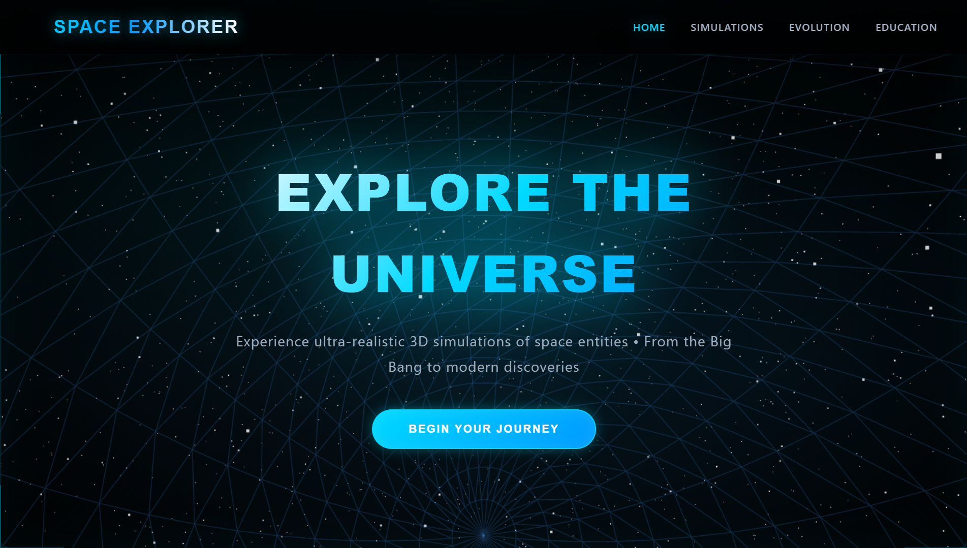 Space Explorer landing page with universe simulation messaging