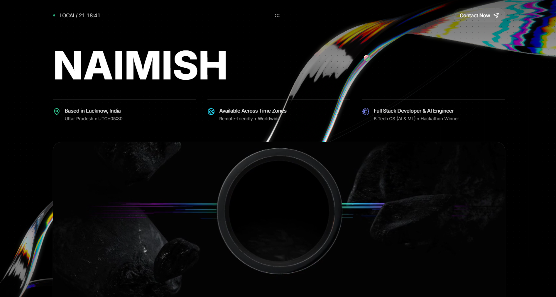 Naimish personal portfolio homepage with project cards and dark visual system