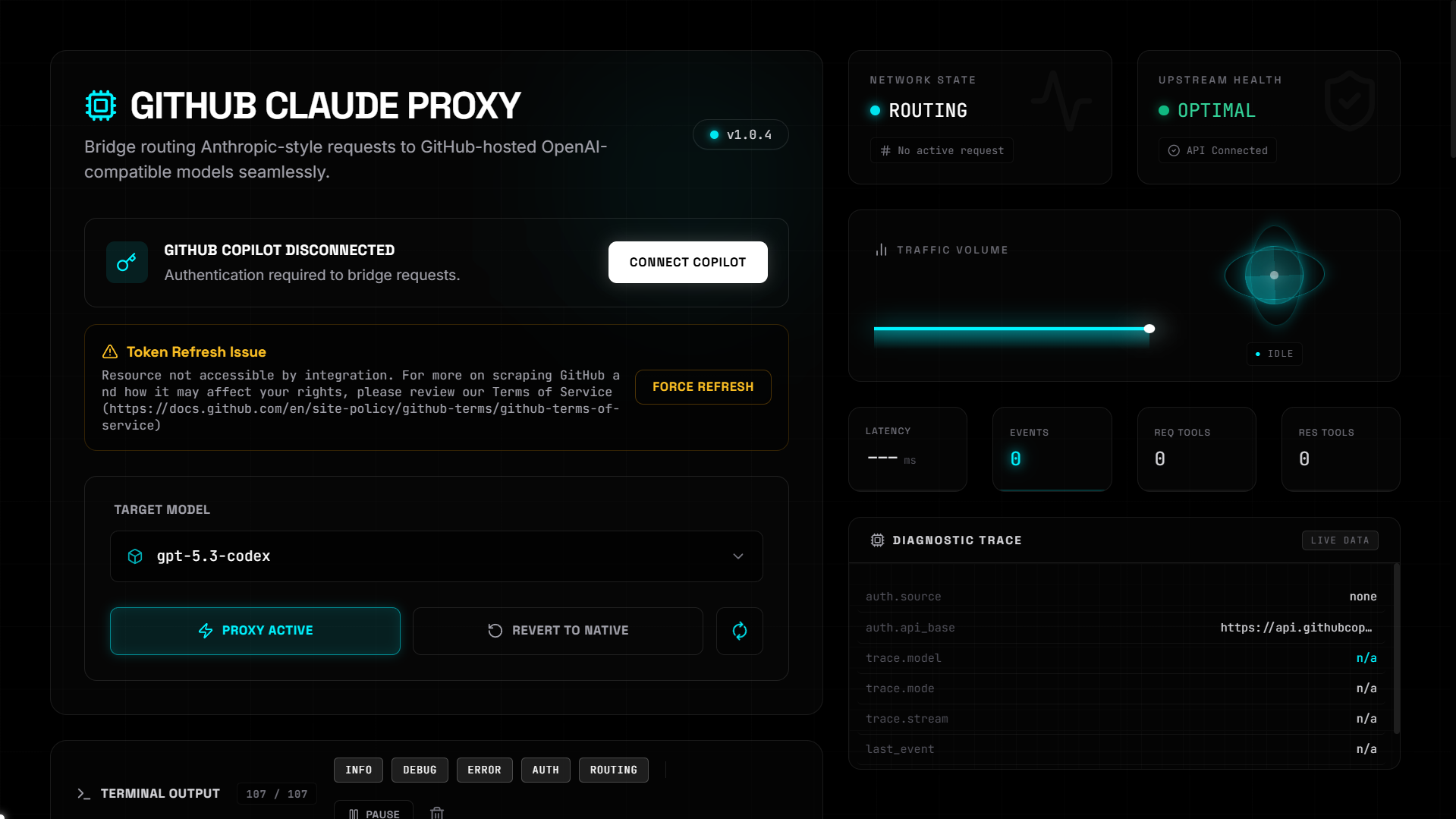 GitHub Claude Proxy dashboard with routing, status, and terminal panels