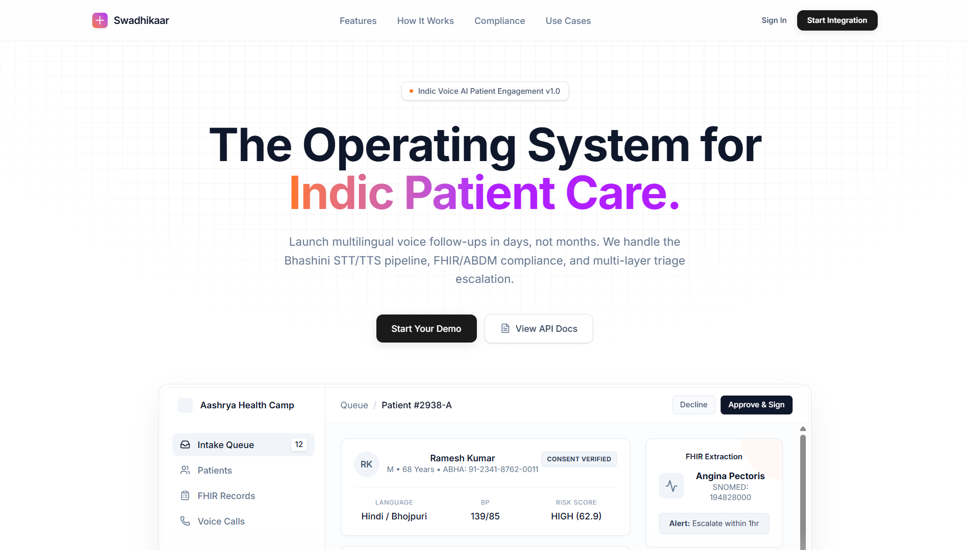Swadhikaar patient care platform landing page with a dashboard preview